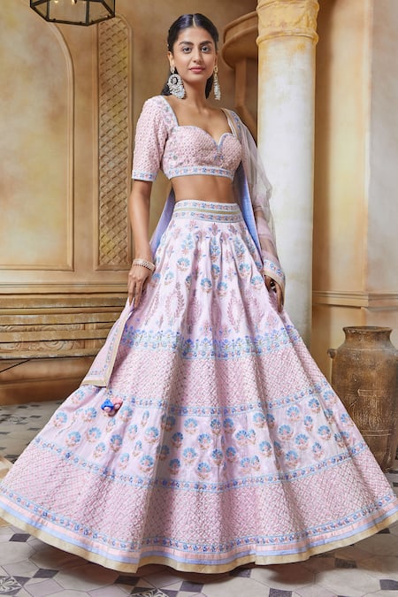Shop_Ariyana by Aza_Pink Silk, Net, Leatherette Embroidery, Tassels Sweetheart Bridal Lehenga Set _Online_at_Aza_Fashions