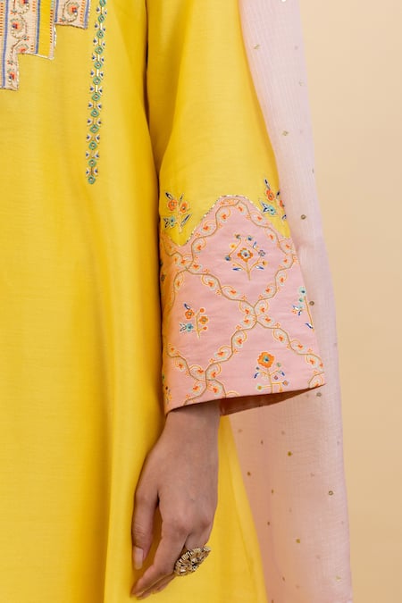 Shop_Pita Nila_Yellow Chanderi, Kota Doria Embroidery Round Neck Kira A-line Kurta Set _Online_at_Aza_Fashions