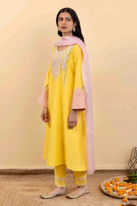Pita Nila_Yellow Chanderi, Kota Doria Embroidery Round Neck Kira A-line Kurta Set _at_Aza_Fashions