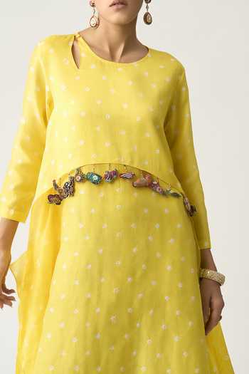 Itrh_Yellow Silk Chanderi Bandhani Round Dani Tunic_Online_at_Aza_Fashions