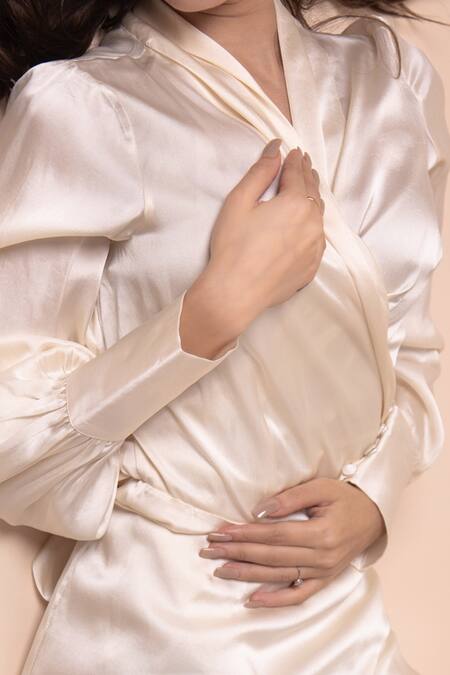 Your Silq_White Silk Satin Plain V Neck Soraya Wrap Dress_Online_at_Aza_Fashions