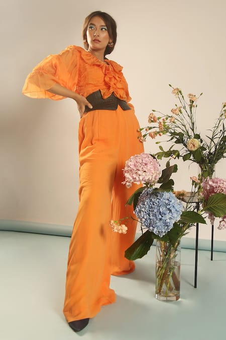 Your Silq Orange Georgette Plain V Neck Layla Ruffle Puff Sleeve Jumpsuit 