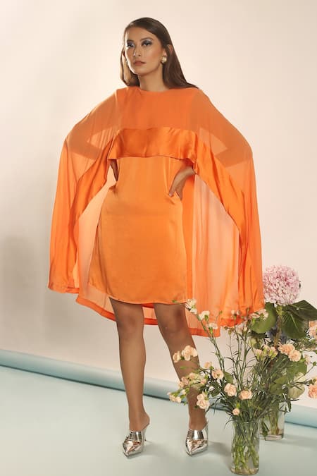 Your Silq Orange Georgette Plain Round Naima Asymmetric Cape Dress 