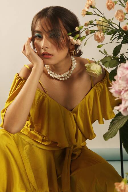 Your Silq_Yellow Silk Satin Plain V Neck Nora Cold Shoulder Dress_Online_at_Aza_Fashions