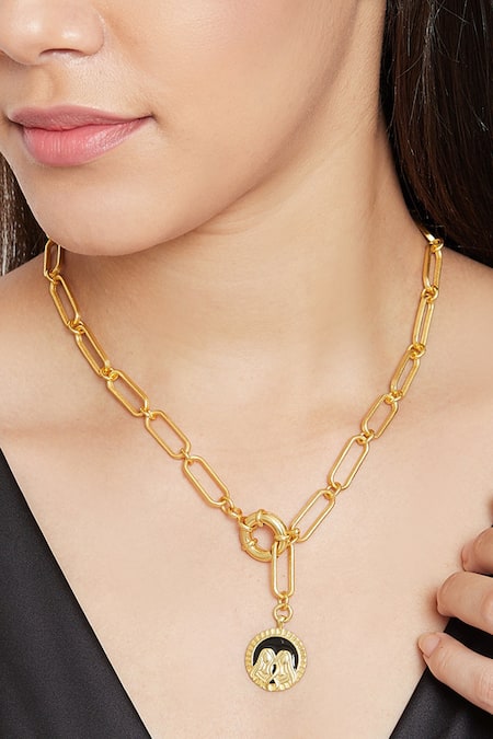 Shop Zariin Gold Plated Gemini Pendant Necklace at Aza Fashions Shop_Zariin_Gold Plated Gemini Pendant Necklace _at_Aza_Fashions