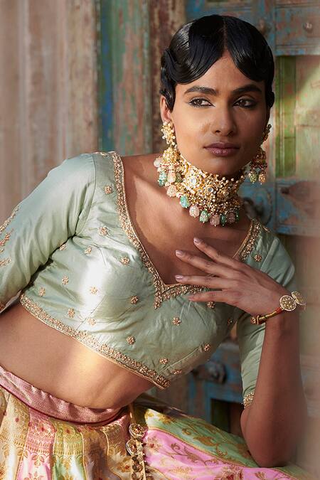 Shop_Weaver Story_Green And Katan & Organza Floral Banarasi Bridal Lehenga Set_Online_at_Aza_Fashions