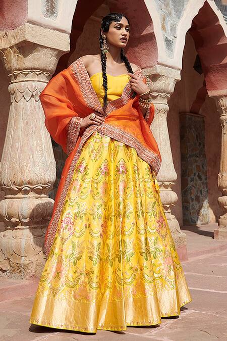 Weaver Story_Yellow Organza, Katan , Pure Floral And Meenakari Banarasi Lehenga Set _Online_at_Aza_Fashions