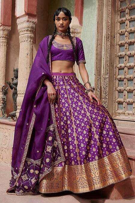 Weaver Story_Purple Organza, Katan , Pure Floral Round Banarasi Lehenga Set _Online_at_Aza_Fashions