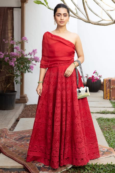 Jade By Monica & Karishma_Red Organza, Tulle Sequins, Thread Work One Embroidered Gown With Overlay Top _Online_at_Aza_Fashions