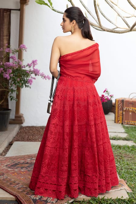 Shop_Jade By Monica & Karishma_Red Organza, Tulle Sequins, Thread Work One Embroidered Gown With Overlay Top _at_Aza_Fashions