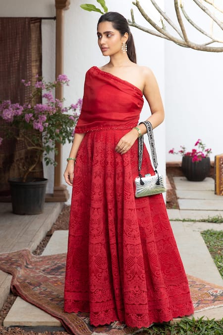 Buy_Jade By Monica & Karishma_Red Organza, Tulle Sequins, Thread Work One Embroidered Gown With Overlay Top _Online_at_Aza_Fashions