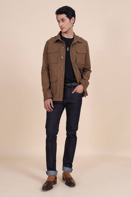 Shop_Raghavendra Rathore Blue_Brown Cotton Twill Jacket _Online_at_Aza_Fashions