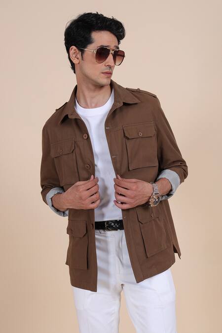 Raghavendra Rathore Blue_Brown Cotton Twill Jacket _at_Aza_Fashions