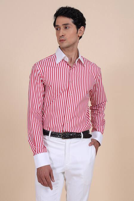 Buy_Raghavendra Rathore Blue_Red Cotton Stripe Shirt _Online_at_Aza_Fashions