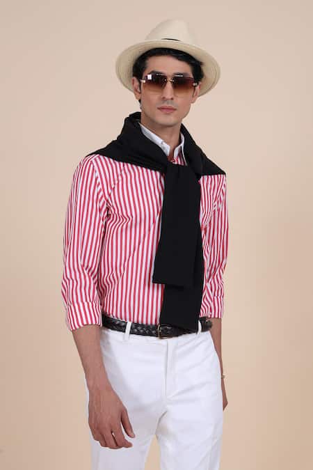 Shop_Raghavendra Rathore Blue_Red Cotton Stripe Shirt _Online_at_Aza_Fashions