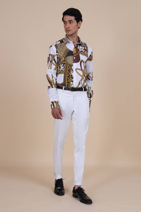 Raghavendra Rathore Blue_White Cotton Satin Printed Shirt_Online_at_Aza_Fashions