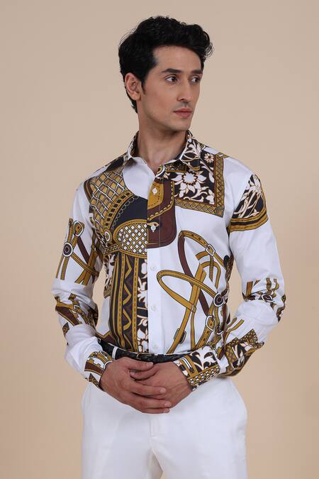 Raghavendra Rathore Blue_White Cotton Satin Printed Shirt_at_Aza_Fashions