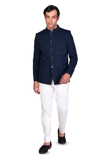 Buy_Dev R Nil_Blue , Cotton Satin Button Down Bandhgala Set_Online_at_Aza_Fashions