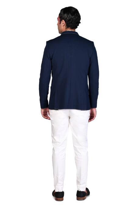 Dev R Nil_Blue , Cotton Satin Button Down Bandhgala Set_Online_at_Aza_Fashions