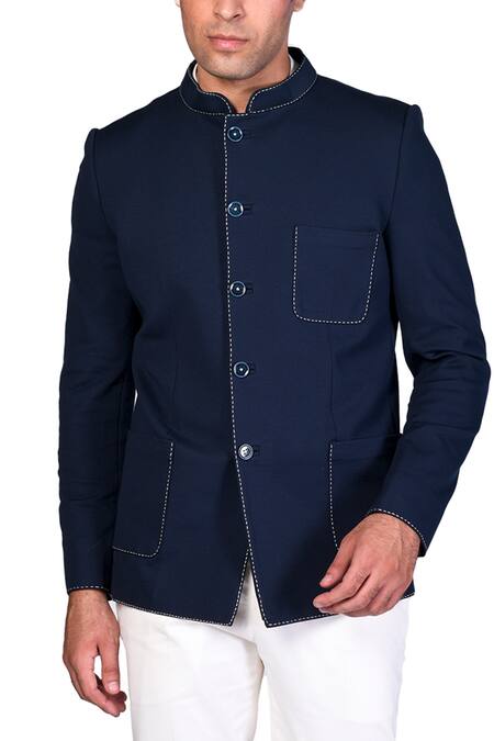 Dev R Nil_Blue , Cotton Satin Button Down Bandhgala Set_at_Aza_Fashions