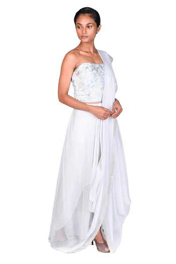 Buy_Dev R Nil_Blue Silk Embroidery Sweetheart Neck Pre-draped Saree With Blouse_Online_at_Aza_Fashions