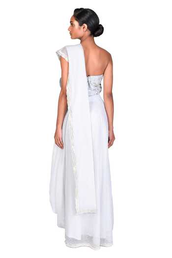 Dev R Nil_Blue Silk Embroidery Sweetheart Neck Pre-draped Saree With Blouse_Online_at_Aza_Fashions