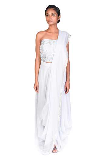 Shop_Dev R Nil_Blue Silk Embroidery Sweetheart Neck Pre-draped Saree With Blouse_Online_at_Aza_Fashions