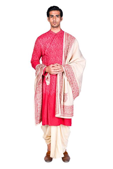 Buy_Dev R Nil_Red Silk Embroidered Angrakha Kurta Set_Online_at_Aza_Fashions