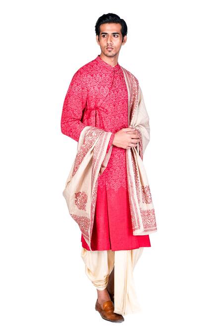 Dev R Nil_Red Silk Embroidered Angrakha Kurta Set_Online_at_Aza_Fashions