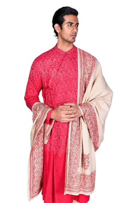 Shop_Dev R Nil_Red Silk Embroidered Angrakha Kurta Set_Online_at_Aza_Fashions