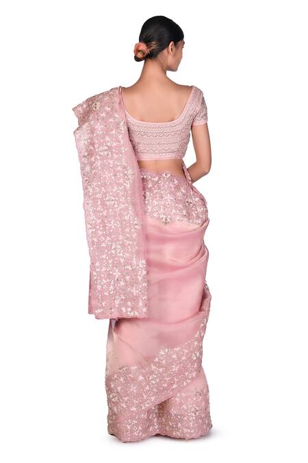 Buy_Dev R Nil_Pink Tissue Floral Embroidered Saree_Online_at_Aza_Fashions