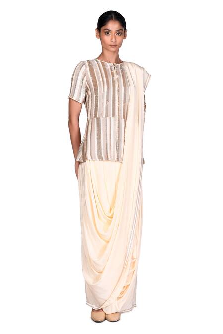 Buy_Dev R Nil_Beige Georgette Embroidery Round Pre-draped Saree And Jacket Set_Online_at_Aza_Fashions