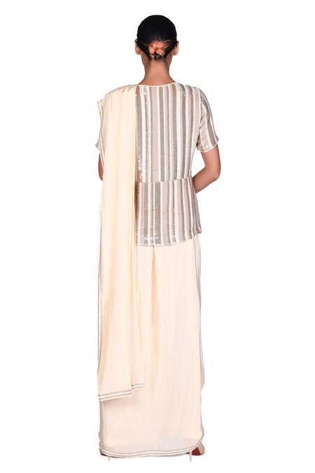 Dev R Nil_Beige Georgette Embroidery Round Pre-draped Saree And Jacket Set_Online_at_Aza_Fashions