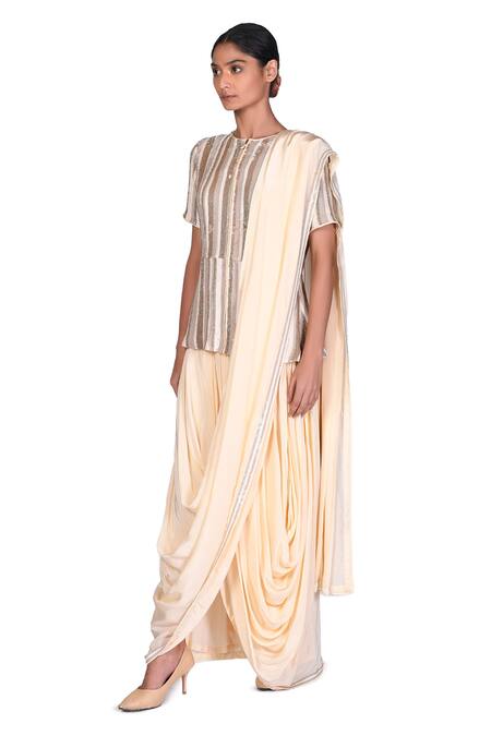 Shop_Dev R Nil_Beige Georgette Embroidery Round Pre-draped Saree And Jacket Set_Online_at_Aza_Fashions