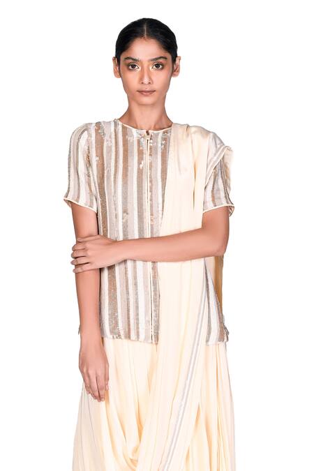 Dev R Nil_Beige Georgette Embroidery Round Pre-draped Saree And Jacket Set_at_Aza_Fashions