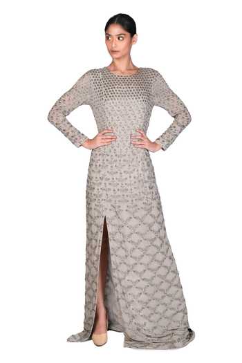 Shop_Dev R Nil_Grey Georgette Embroidery Round Embellished Slit Gown_Online_at_Aza_Fashions