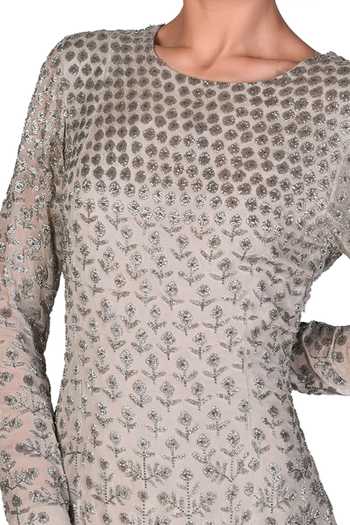 Dev R Nil_Grey Georgette Embroidery Round Embellished Slit Gown_at_Aza_Fashions