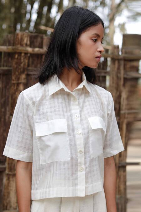 Ura Maku_White Mulberry Silk Checkered Shirt_Online_at_Aza_Fashions