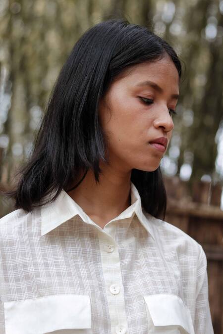 Shop_Ura Maku_White Mulberry Silk Checkered Shirt_Online_at_Aza_Fashions