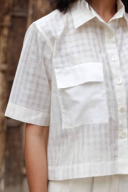 Ura Maku_White Mulberry Silk Checkered Shirt_at_Aza_Fashions