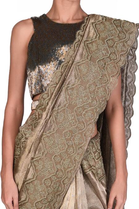 Dev R Nil_Gold Tissue Embroidery Round Saree With Blouse_at_Aza_Fashions