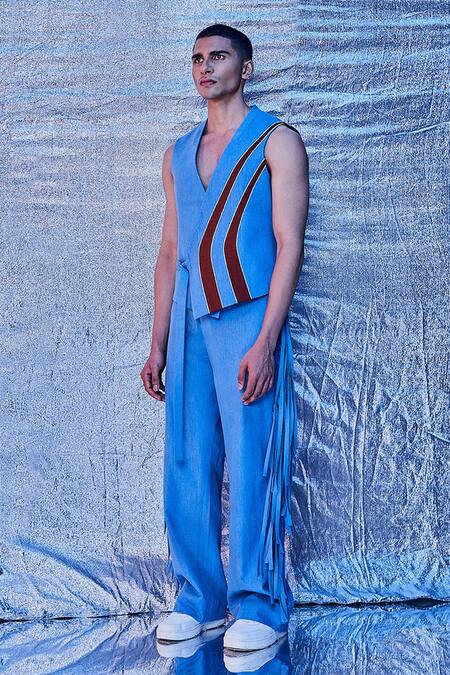 Shop_Line Out Line_Blue Denim Streamline Arched Vest Jacket_Online_at_Aza_Fashions