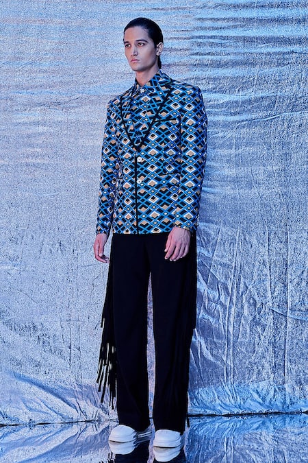 Buy_Line out line_Blue Cotton Printed Geometric Blazer_Online_at_Aza_Fashions