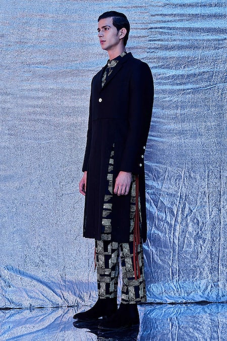 Line Out Line_Black Cotton Long Line Panel Blazer_Online_at_Aza_Fashions