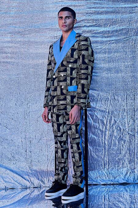 Line Out Line_Black Cotton Poplin Printed Grunge Tuxedo Jacket And Pant Set_Online_at_Aza_Fashions
