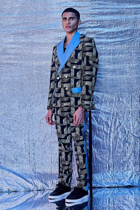 Shop_Line Out Line_Black Cotton Poplin Printed Modern Day Blazer_Online_at_Aza_Fashions