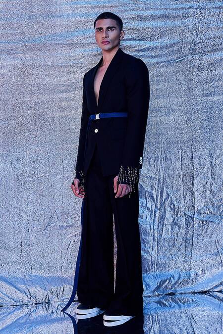 Shop_Line Out Line_Black Cotton Plain Cut Work Back Blazer_Online_at_Aza_Fashions