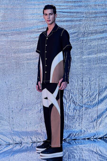 Shop_Line out line_Black Cotton Cut And Sew Resort Shirt_Online_at_Aza_Fashions