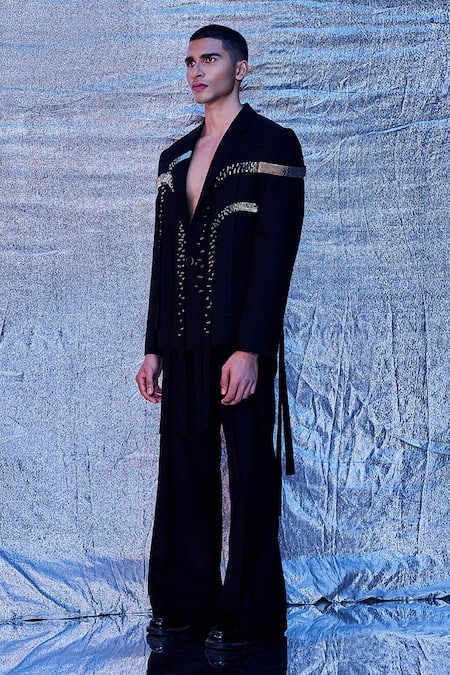 Buy_Line Out Line_Black Cotton Embroidered Sequin And Patch Work Arch Panelled Jacket_Online_at_Aza_Fashions