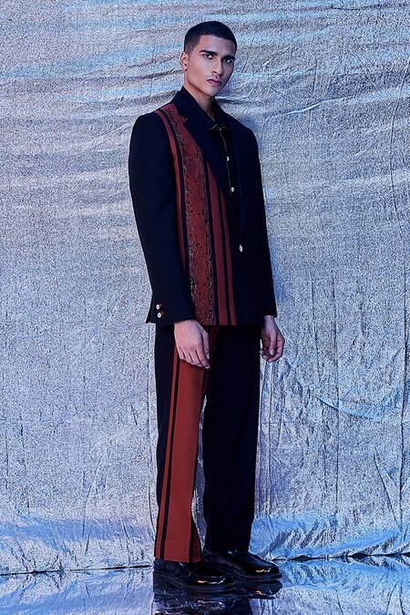 Line Out Line_Black Cotton Embroidered Placed Stripe Blazer With Pant_Online_at_Aza_Fashions